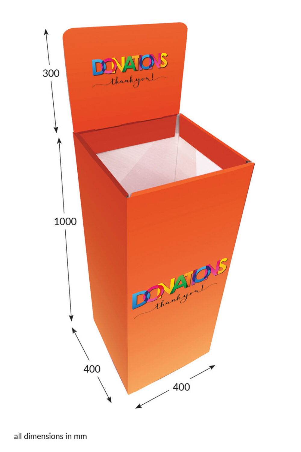 Featured image for “Square Dump Bin with Header - Donations (Orange)”