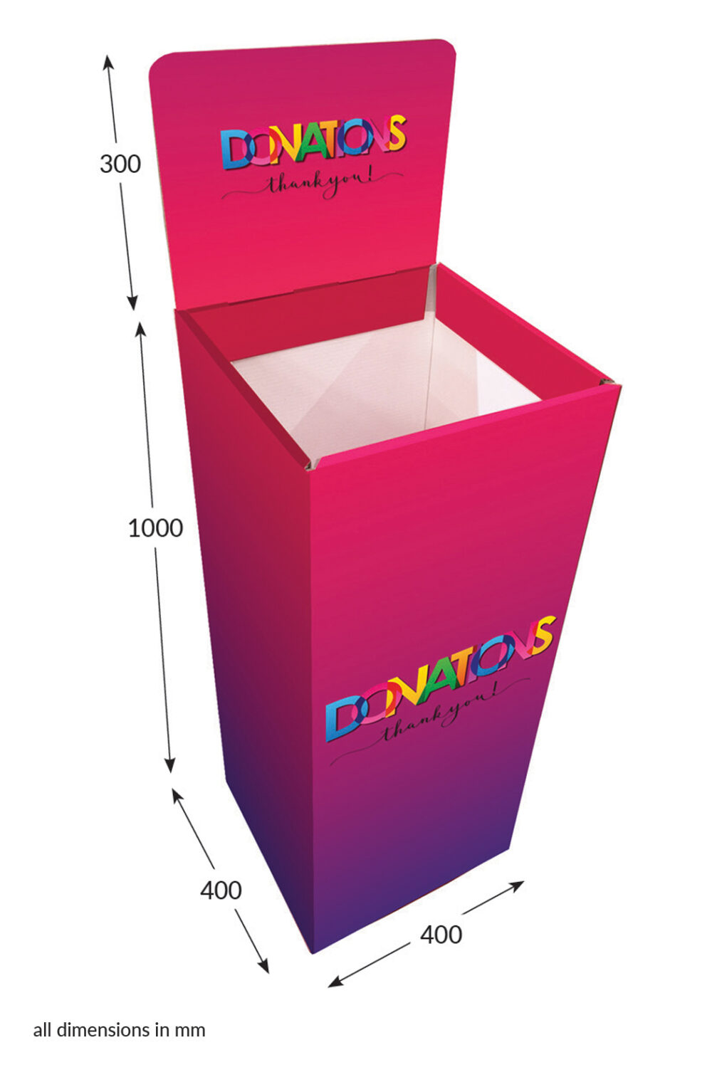 Featured image for “Square Dump Bin with Header - Donations (Pink)”