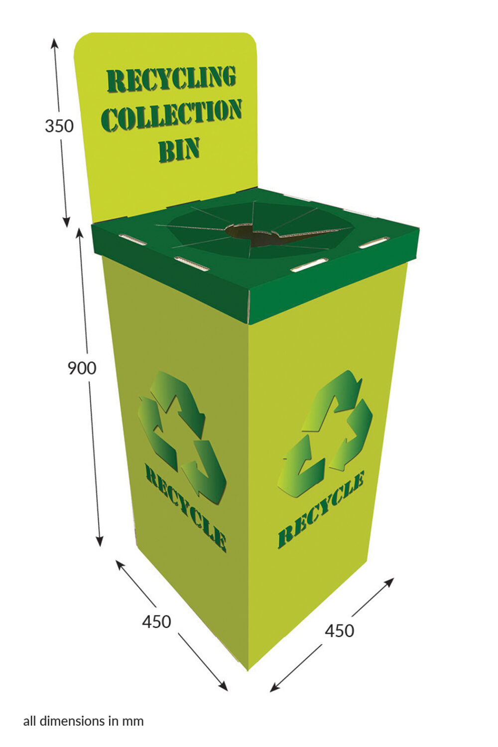 Featured image for “Large Square Dump Bin With Header & Lid- Recycling”